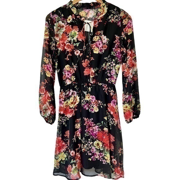 fraiche By J Dresses & Skirts - NEW Fraiche By J Dress Black Multi Floral Sheer Long Sleeve Women’s Dress Size M